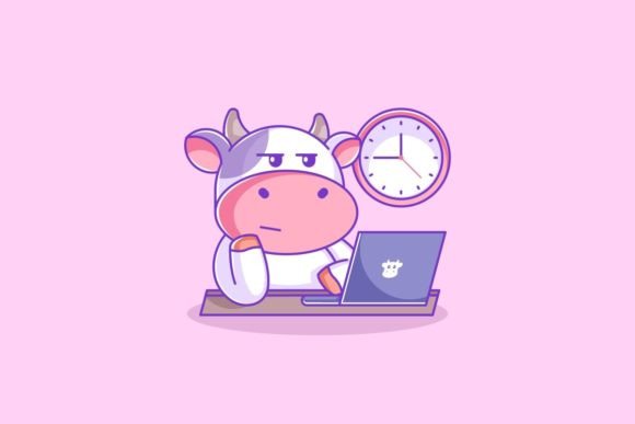 Cute Cow Playing Laptop at Night: A Charming Creative Asset