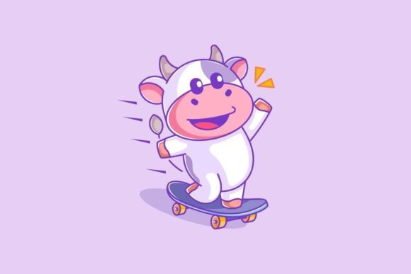 Cute Cow Playing Skateboard Cartoon: A Fun Design Asset
