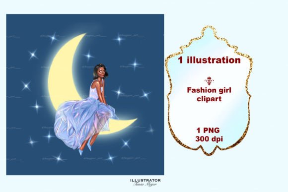 Girl on the Moon Clipart: Fashion Girl for Dreamy Designs